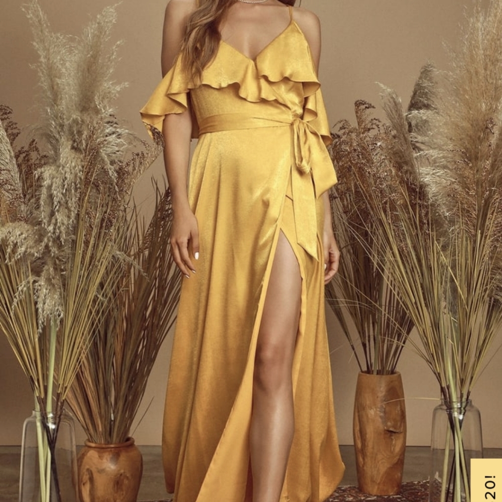 Mustard satin wrap maxi dress